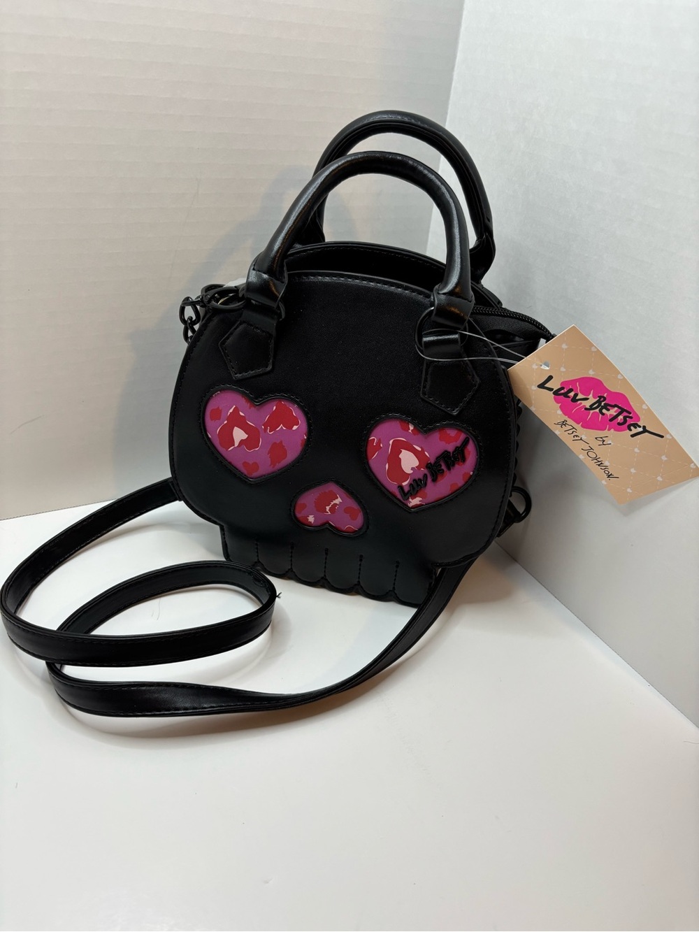 Luv Betsey Johnson Black Skull Crossbody purse with Pink Heart Accents